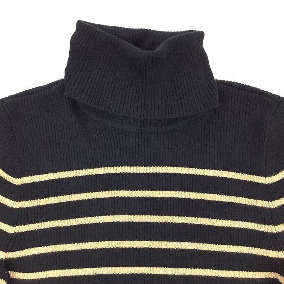 Ralph Lauren Black Gold Striped Turtleneck Sweater Top Ribbed Knit Women Size M - Picture 2 of 13